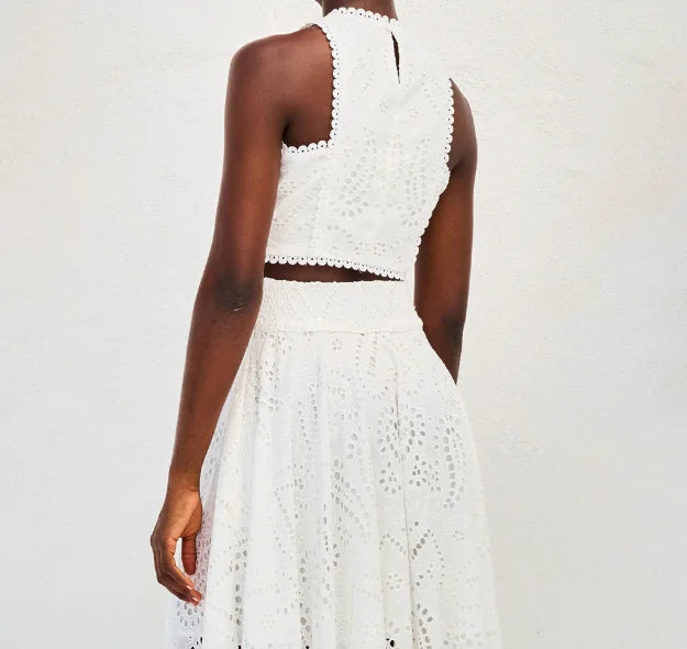 Sleeveless Embroidered Hollow Lace Long Skirt Vacation Set Two-Piece