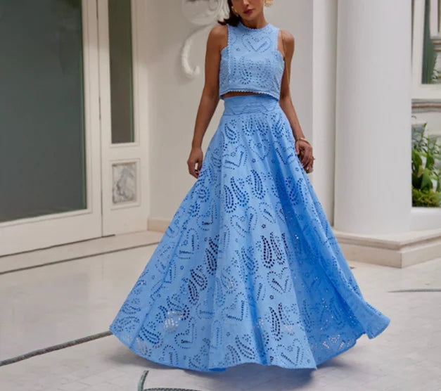 Sleeveless Embroidered Hollow Lace Long Skirt Vacation Set Two-Piece