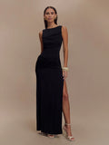 Sleeveless Pleated Bodycon Elegant Backless Maxi Dress Women
