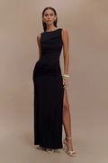 Sleeveless Pleated Bodycon Elegant Backless Maxi Dress Women - black / M