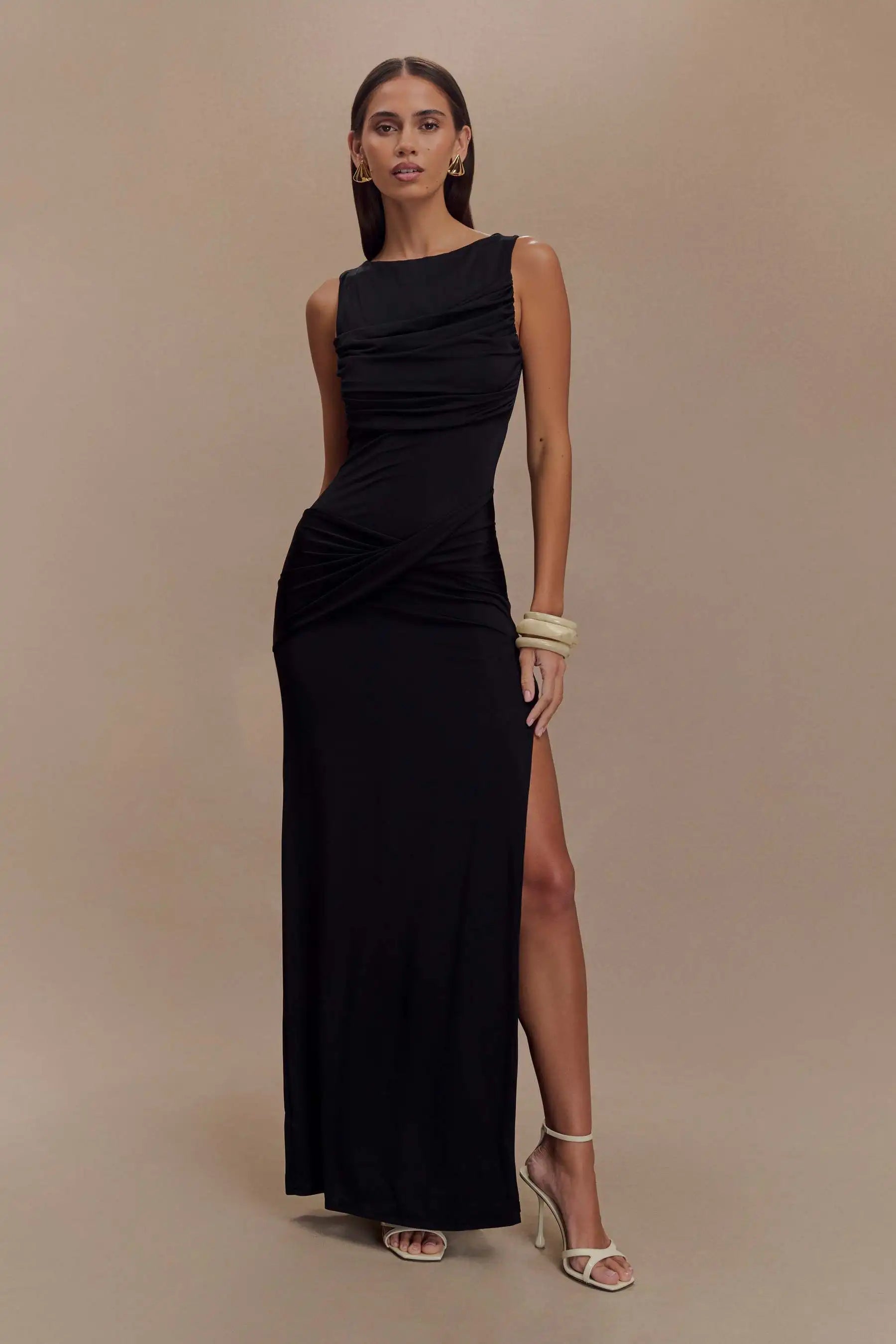 Sleeveless Pleated Bodycon Elegant Backless Maxi Dress Women - black / M