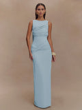 Sleeveless Pleated Bodycon Elegant Backless Maxi Dress Women - Blue / S