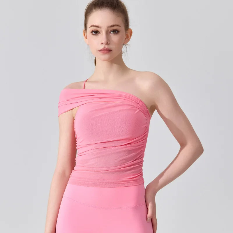 Sleeveless Slimming Top Single Shoulder Straps Women Yoga Mesh Tank