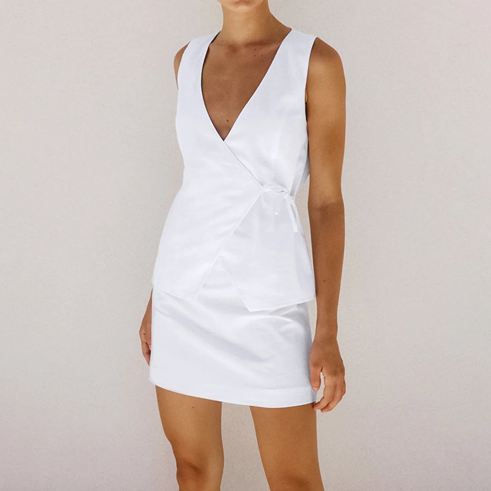 Sleeveless V-neck Lace-up Tank Top and Low Waist A-line Skirt Set