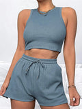 Sleeveless Waffle Elegant Women’s Sets - Baby blue / L