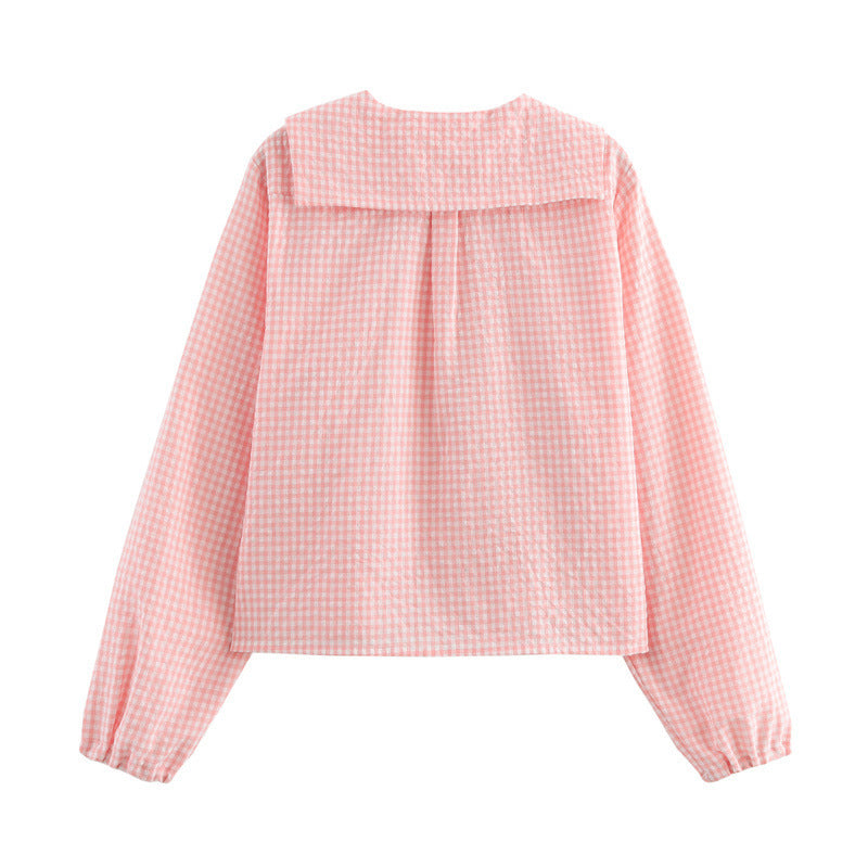 Small Round Lapel Plaid Shirt - Other