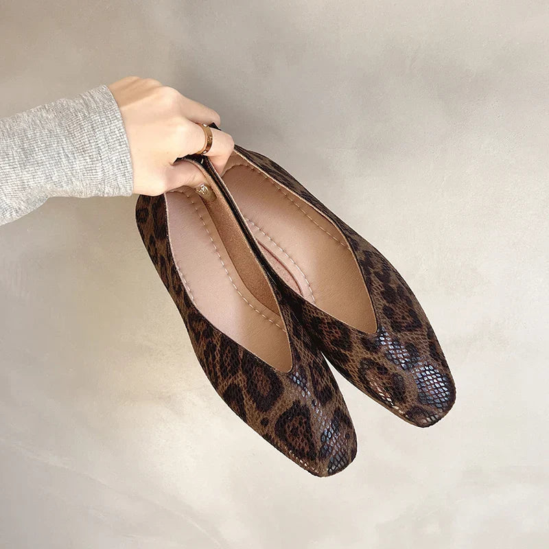 Snake Pattern Leather Woman Square Toe Shallow Ballet Flats - 1 / 38