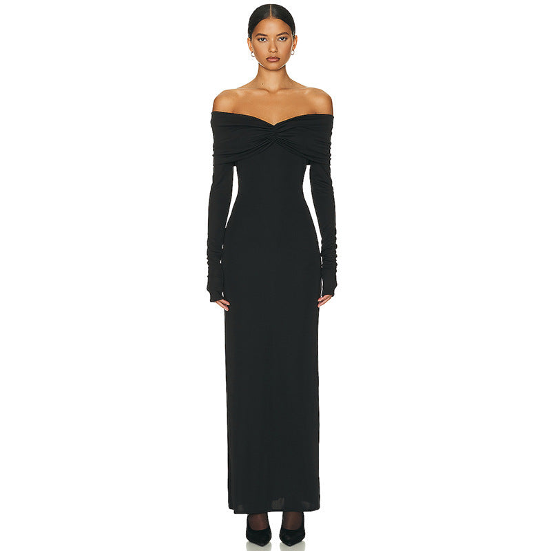 Solid Color French Style Off-shoulder Tube Top Long Sleeve Dress - Black / L - electronic accessories