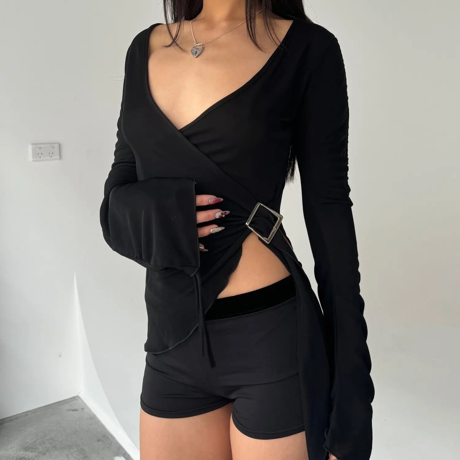 Solid Color Long Sleeve Wrap Bandage T-shirt Women