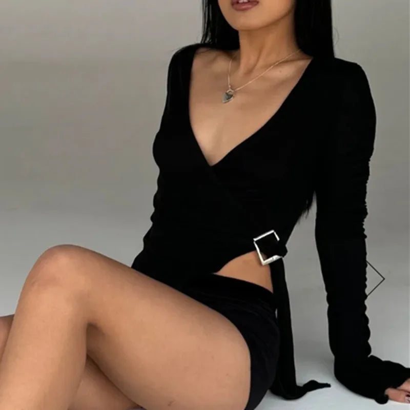 Solid Color Long Sleeve Wrap Bandage T-shirt Women - black / S