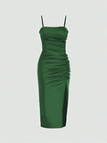 Solid Color Ruched Bodycon Slit Cami Dress - Green / L - Other
