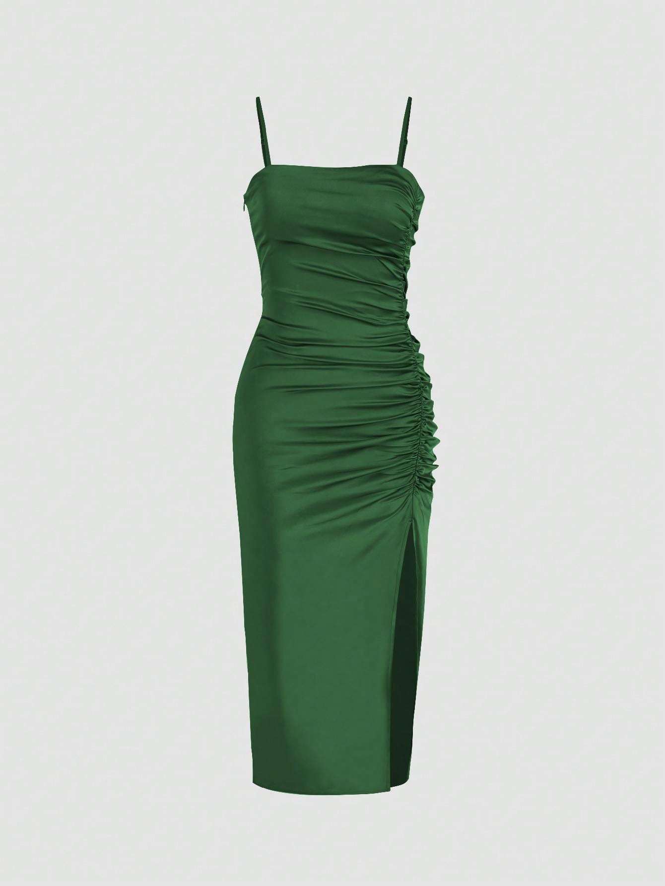 Solid Color Ruched Bodycon Slit Cami Dress - Green / L - Other