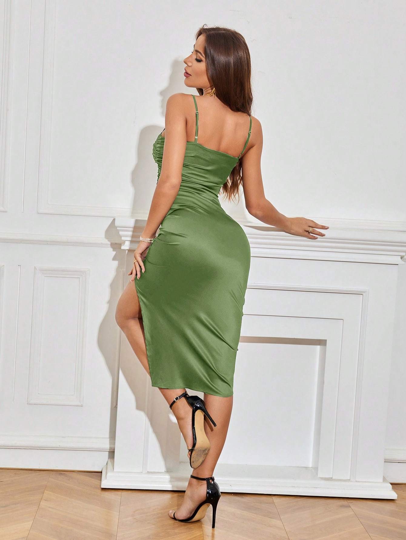 Solid Color Ruched Bodycon Slit Cami Dress - Other