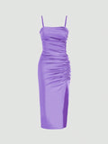 Solid Color Ruched Bodycon Slit Cami Dress - Violet / L - Other