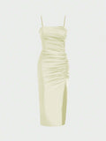 Solid Color Ruched Bodycon Slit Cami Dress - Yellow / XXS - Other