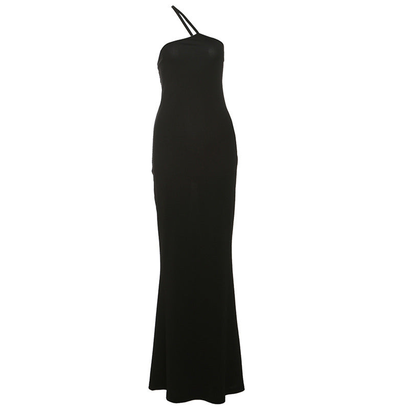 Solid Color Simple One Shoulder Backless Fishtail Dress - Black / L - Other