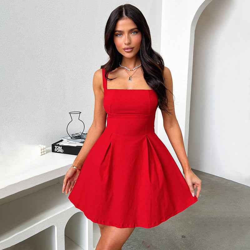 Solid Color Sling Slim-fit Pleated Skirt High Waist Dress - Other
