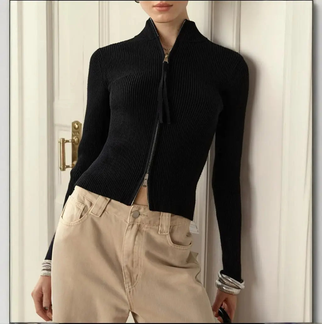 Solid Double Zip Knit Cardigan Women