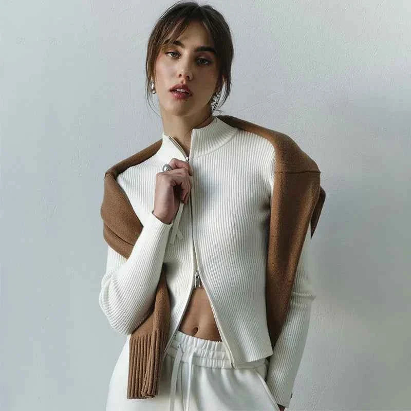 Solid Double Zip Knit Cardigan Women