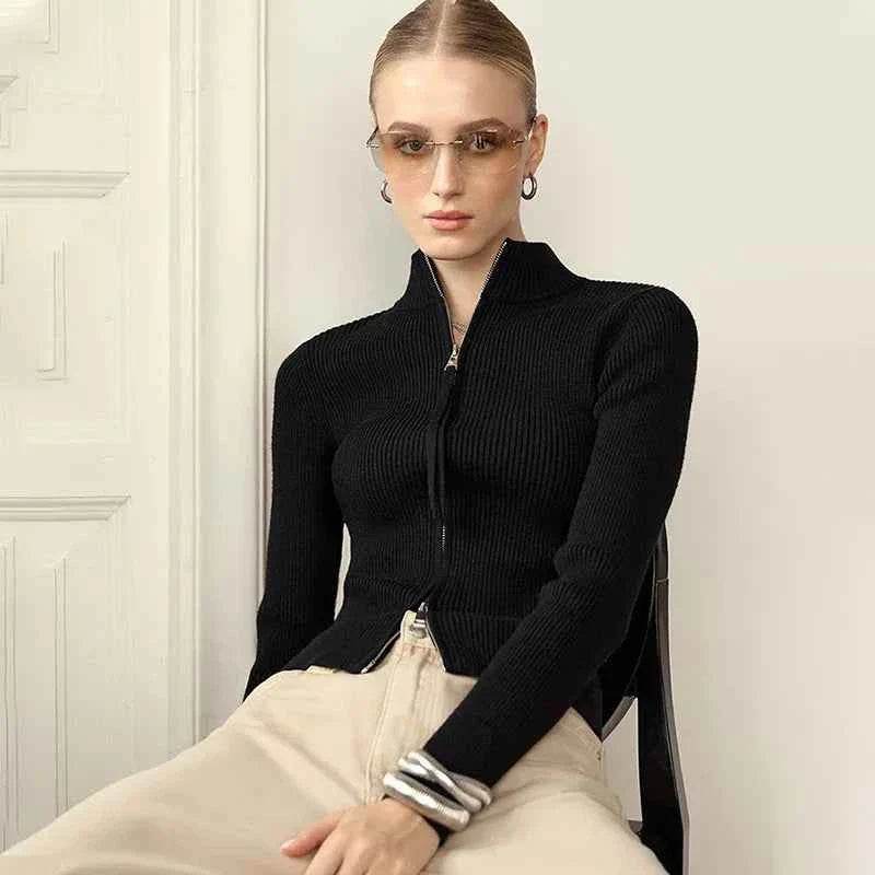 Solid Double Zip Knit Cardigan Women