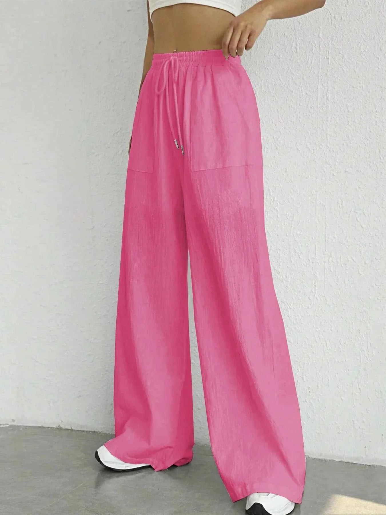 Solid Drawstring Wide Leg Pants
