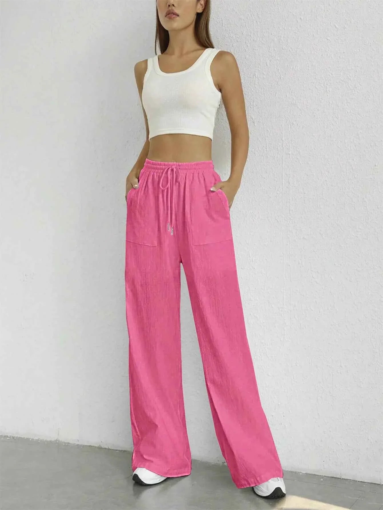 Solid Drawstring Wide Leg Pants