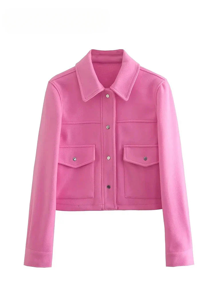 Solid Front Pockets Button Long Sleeve Jacket