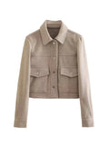 Solid Front Pockets Button Long Sleeve Jacket - apricot / XS