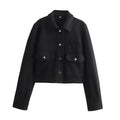 Solid Front Pockets Button Long Sleeve Jacket - black / XS