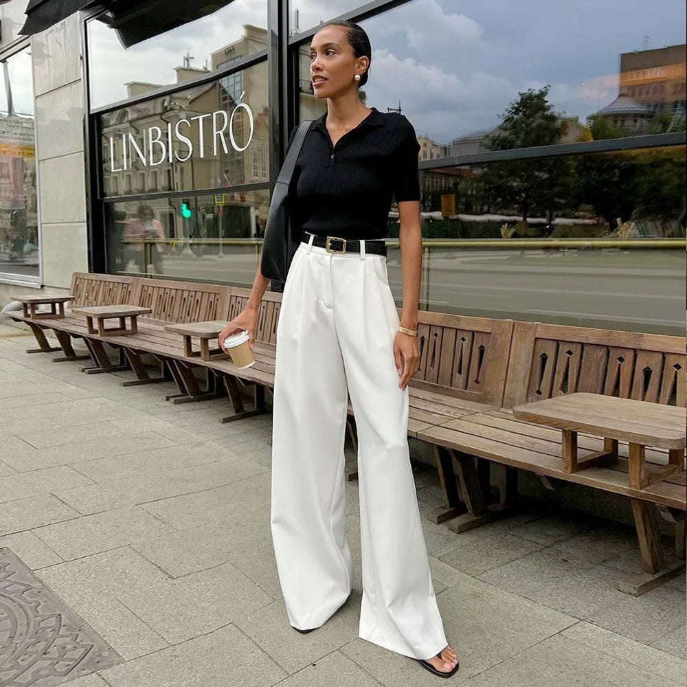 Solid Minimalist Spliced Pockets Pant for Women High Waist Loose