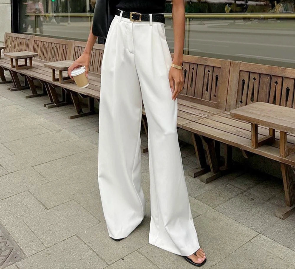 Solid Minimalist Spliced Pockets Pant for Women High Waist Loose