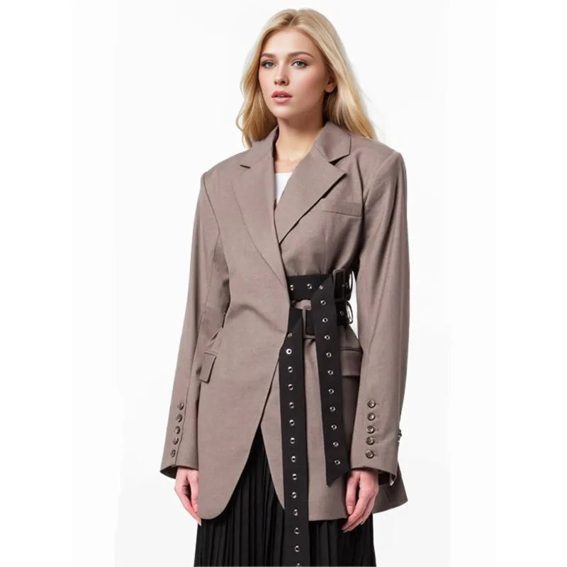 Solid Temperament Jacket Spliced Belt Blazer Women