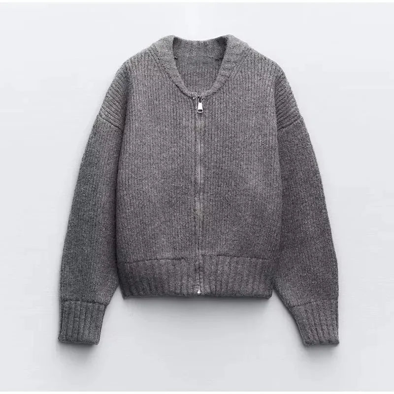 Solid Zipper Round Collar Sweater For Women High Street - Other