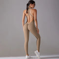 Sports Jumpsuit Backless Scrunch Sporty Bodysuits - Khaki / S