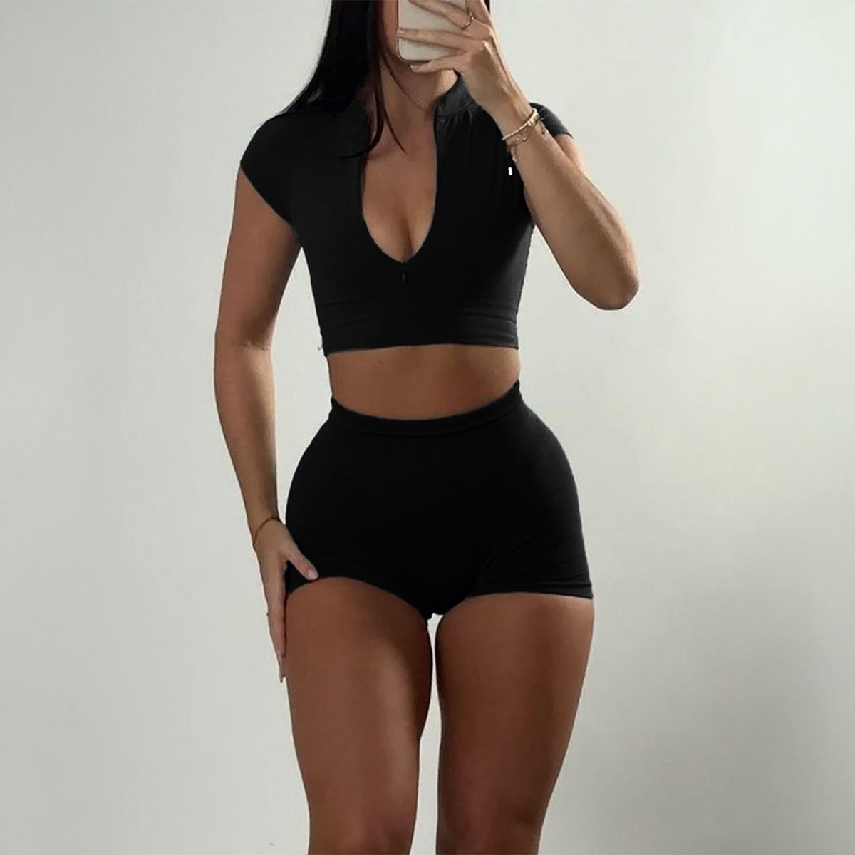 Sports Zipper Short-sleeved Shorts Two-piece Suit - Black / L - Other