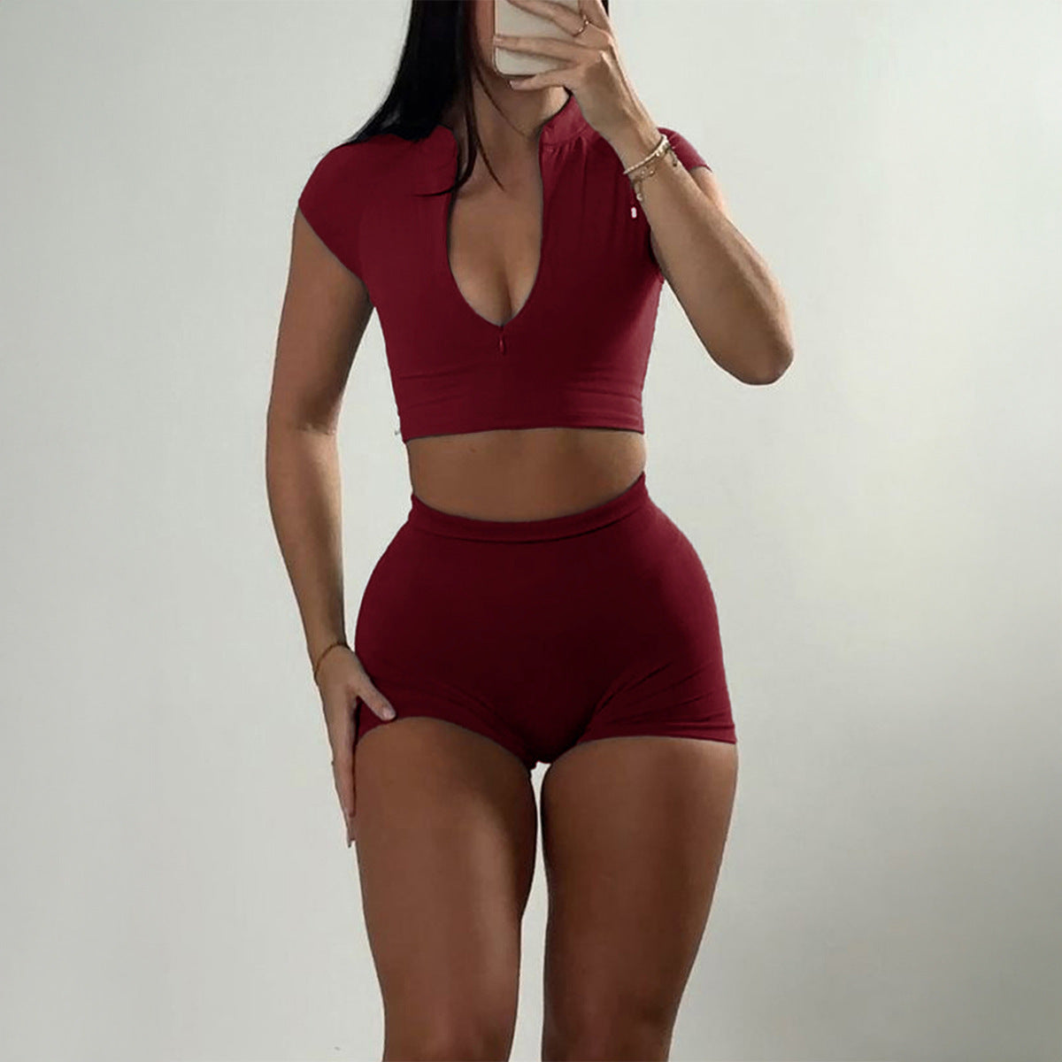 Sports Zipper Short-sleeved Shorts Two-piece Suit - Wine Red / L - Other