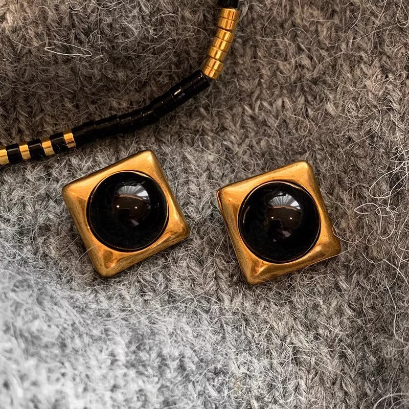 Square Black Agate Middle Ancient Gold Earrings For Women - EH2249 - electronic accessories