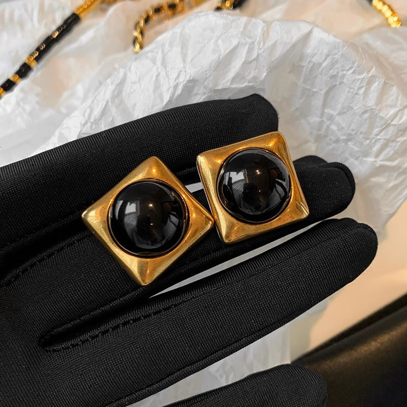 Square Black Agate Middle Ancient Gold Earrings For Women - EH2249 - electronic accessories