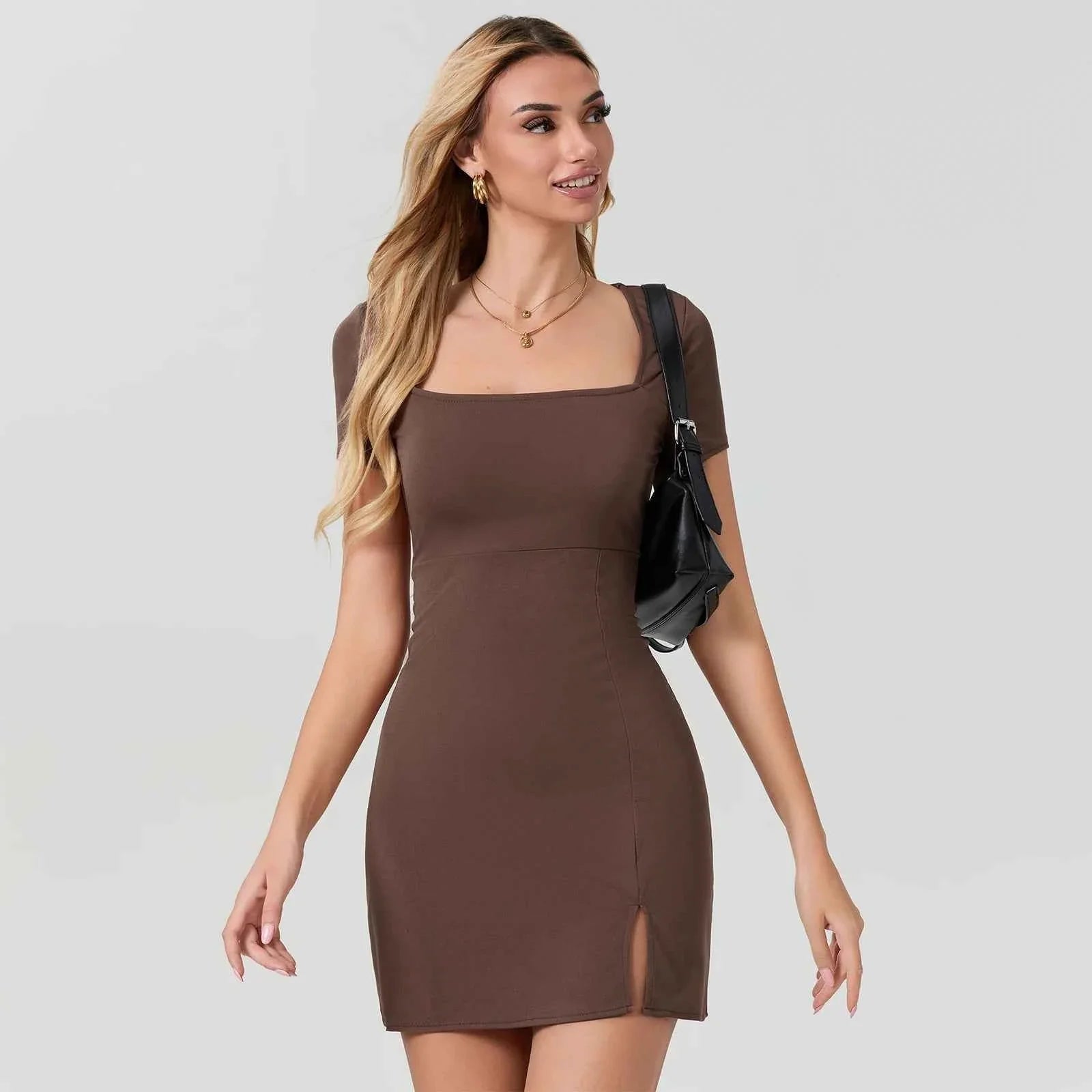 Square Neck Short Sleeve A-line Dress for Women