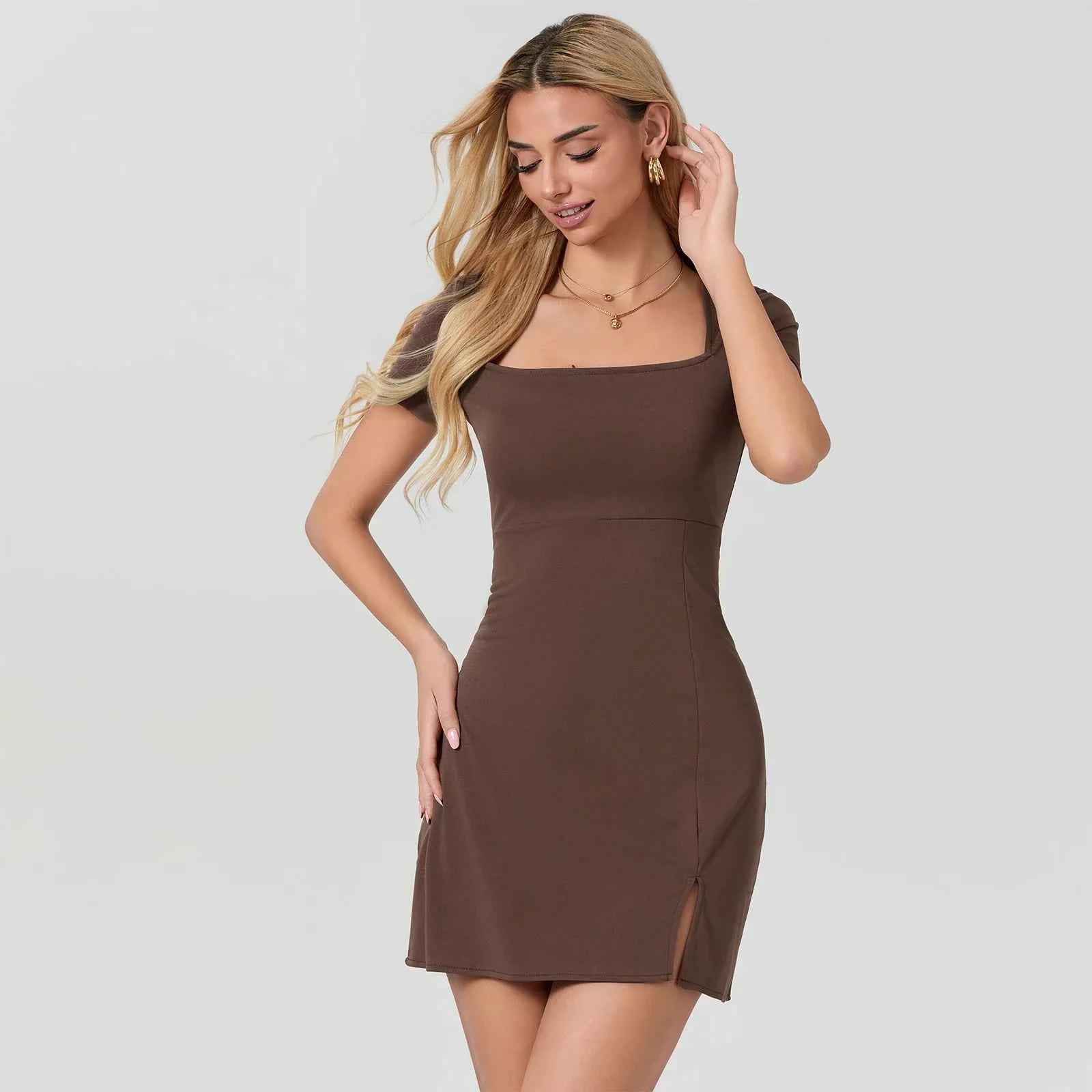 Square Neck Short Sleeve A-line Dress for Women