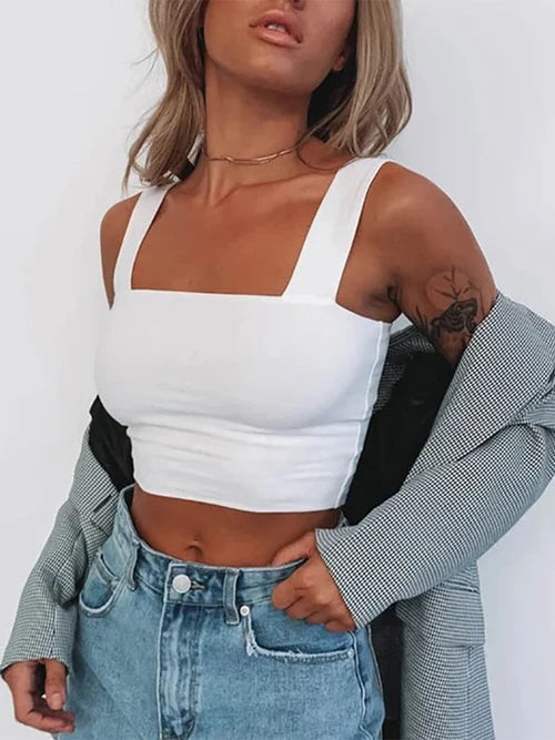 Square Neck Sleeveless Summer Crop Top White Women Black Casual Basic - WHITE / S - Other