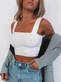 Square Neck Sleeveless Summer Crop Top White Women Black Casual Basic - Other