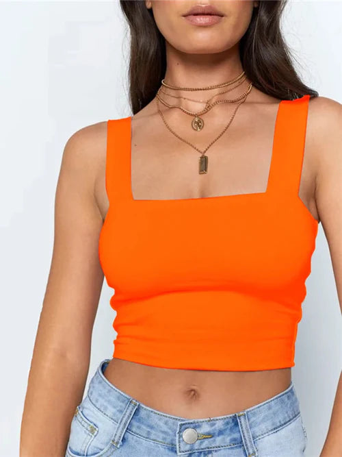 Square Neck Sleeveless Summer Crop Top White Women Black Casual Basic - M / Orange - Other