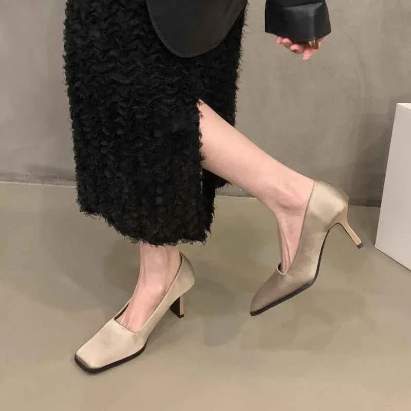 Square Toe Satin Pumps Women