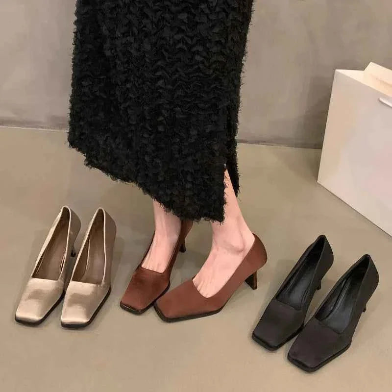 Square Toe Satin Pumps Women