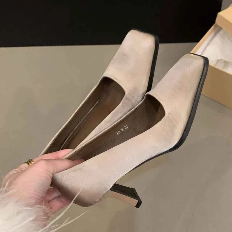 Square Toe Satin Pumps Women
