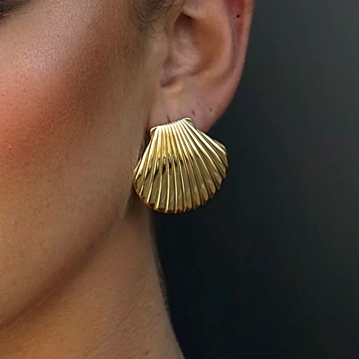 Stainless Steel Big Textured Shell Stud Earrings - JDEW2307045