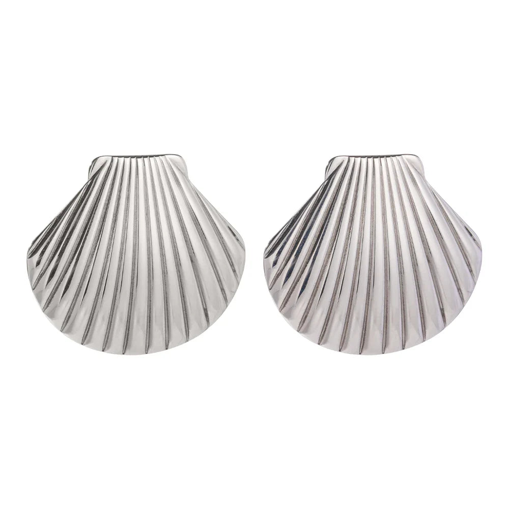 Stainless Steel Big Textured Shell Stud Earrings - JDEW2307045