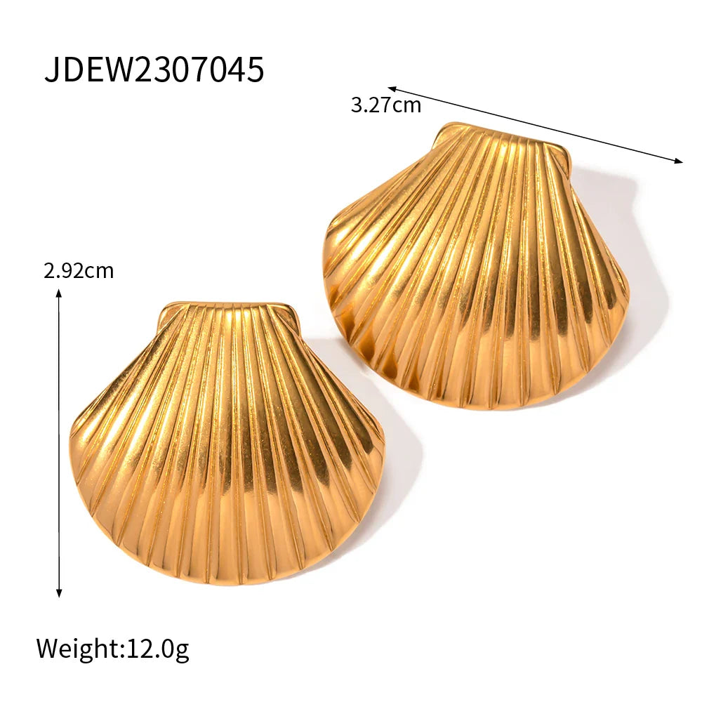 Stainless Steel Big Textured Shell Stud Earrings - JDEW2307045