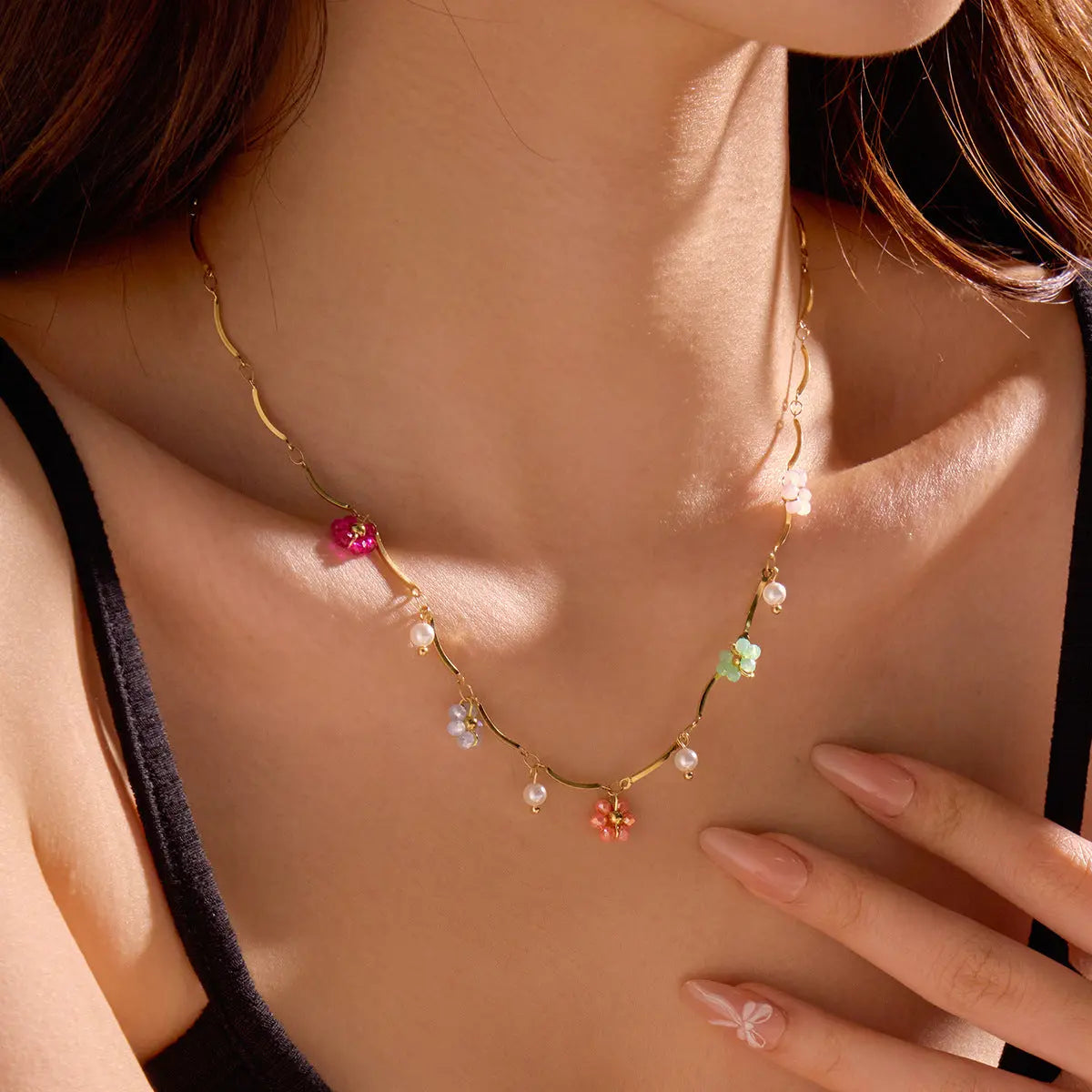 Stainless Steel Color Crystal Zircon Flower Necklace - NMSNE5551 / 18K - electronic accessories